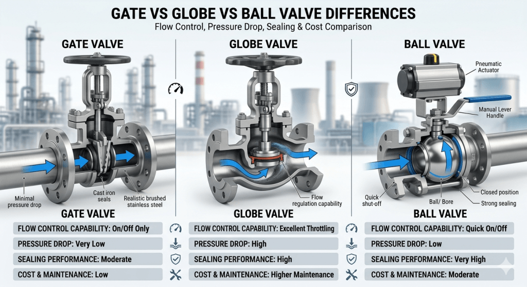 Key Differences: Gate Valve vs Globe Valve vs Ball Valve