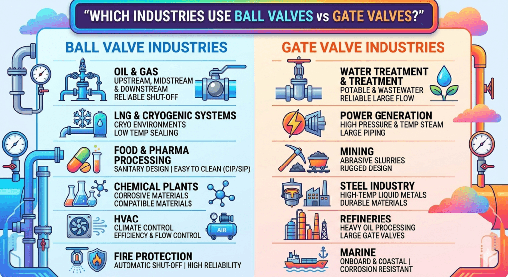 Which industries use Ball Valves in comparison to Gate Valves?