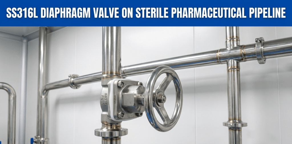 pharmaceutical grade diaphragm valve installed on sterile manufacturing line
