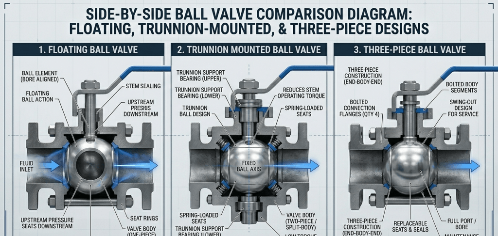 Different types of industrial ball valves including floating, trunnion, and three-piece design