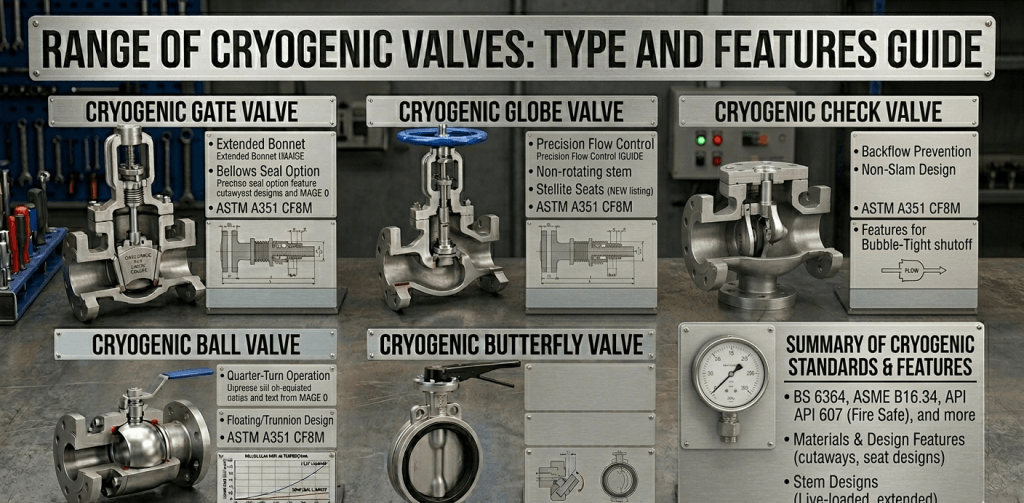 Types of cryogenic valves including ball gate globe check and butterfly valves
