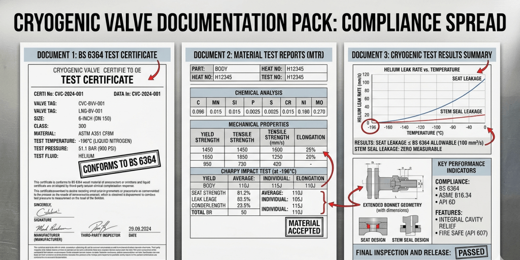 cryogenic valve compliance documentation BS 6364 material test certificates EN 10204