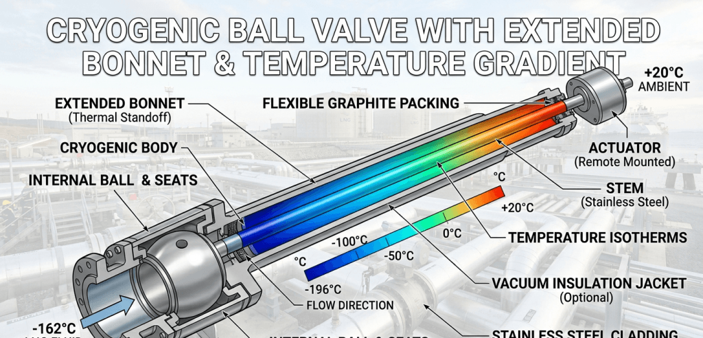 cryogenic valve extended bonnet design showing temperature gradient