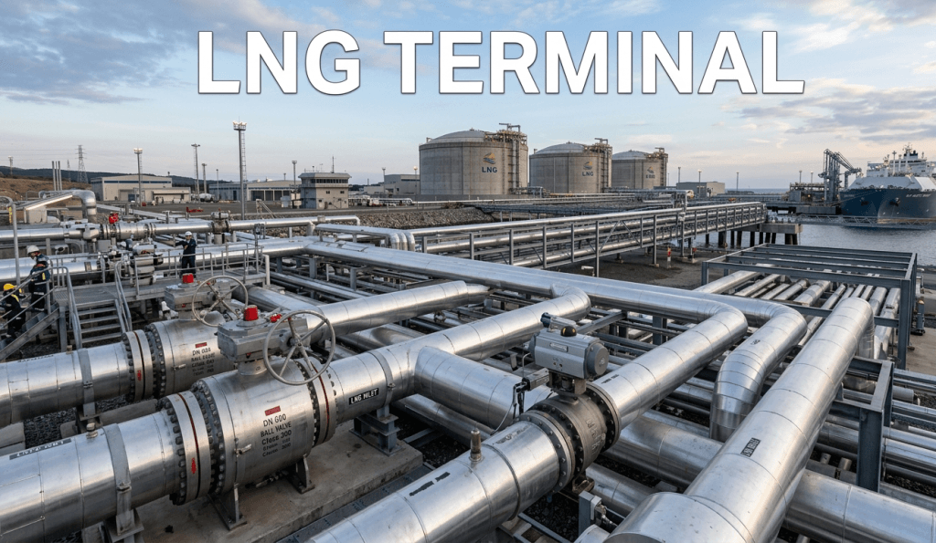 cryogenic valves installed on LNG terminal pipeline system