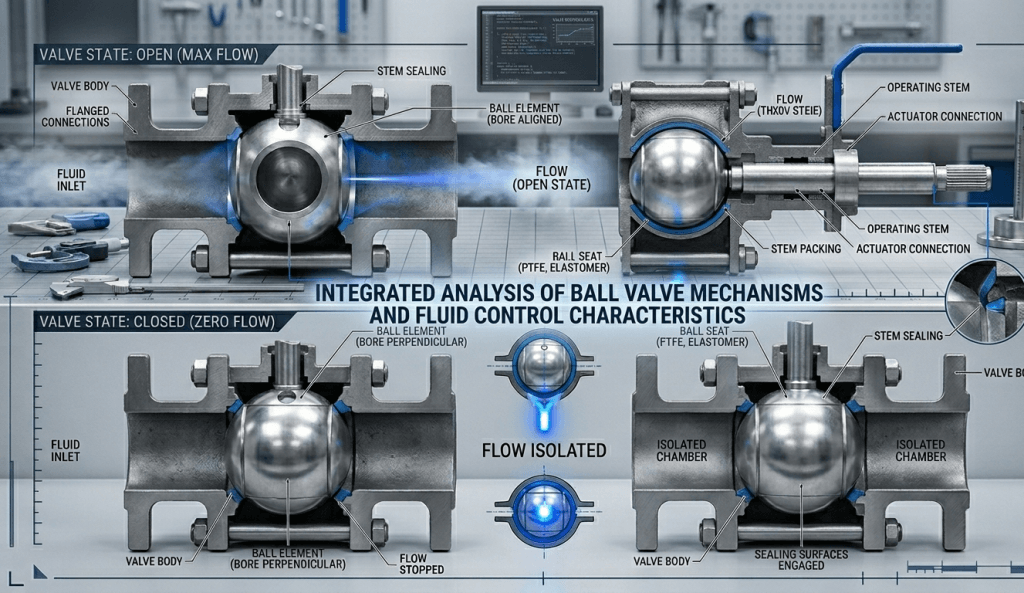 Technical diagram showing internal working of a ball valve in open and closed position.