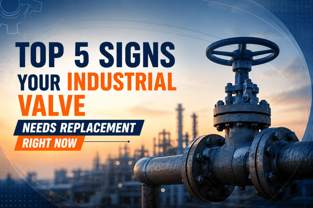 Industrial valve replacement signs at sunset